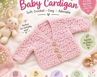 Op de afbeelding: Een lichtroze handgemaakt gehaakt babyvestje met drie houten knopen aan de voorzijde. De afbeelding bevat de tekst: Handmade Baby Cardigan, Soft Crochet, Cozy, Adorable, A Little Warmth for Your Little One, Perfect for everyday wear, Gentle on Baby's Skin, 100% Cotton Yarn, Handmade with Love, Soft & Breathable, Ideal for 0-12 Months.