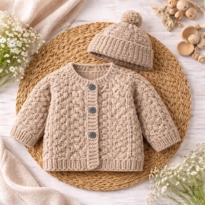 Può includere: Cardigan per neonato lavorato a maglia beige con tre bottoni grigi e berretto abbinato con pompon. Il set è realizzato in tessuto a maglia strutturato ed è presentato su un tappetino intrecciato.