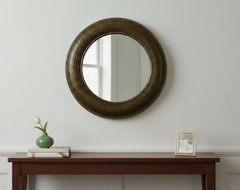 Handmade Round Hammered Brass Mirror – Antique Metal Frame