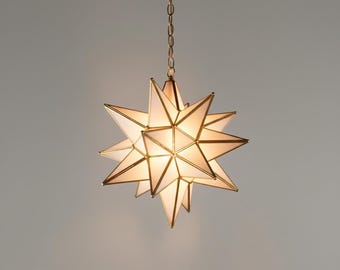 Handmade Moroccan Star Pendant Light: Brass & Milk Glass Lantern