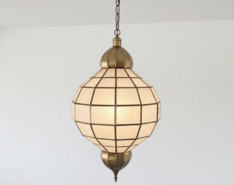 Moroccan Brass Chandelier: Handmade Milky Glass Boho Light