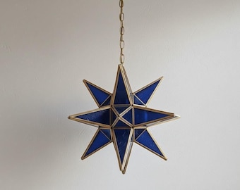 Handgefertigte marokkanische Messing Stern Pendelleuchte, Boho Glas Laterne