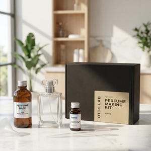 May include: A perfume making kit with a clear glass perfume bottle, a small brown bottle labeled "Kirke", and a brown bottle labeled "Perfume Base". The kit includes a black box with the text "Perfume Making Kit".