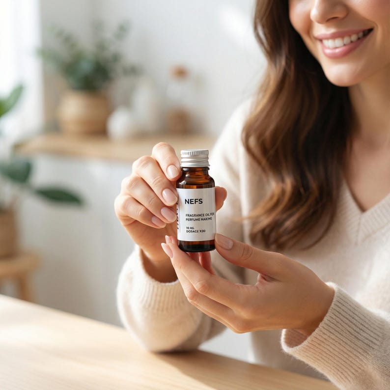 May include: A small brown glass bottle with a silver cap is held in front of a person. The bottle has a white label with the word "NEFS" and other text. The bottle contains fragrance oil for perfume making. The background is blurred.