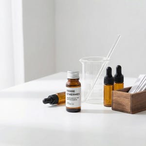 May include: A still life arrangement featuring amber glass bottles with black droppers, a clear beaker, and a wooden box. One bottle is labeled "TERRE D'HERMES FRAGRANCE OIL FOR PERFUME MAKING". The scene is set on a white surface.