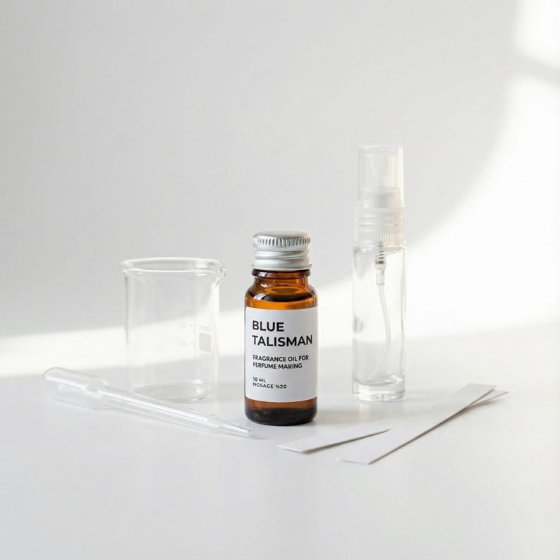 May include: A perfume-making kit with a small brown glass bottle labeled "BLUE TALISMAN" containing fragrance oil, a clear glass beaker, a glass dropper, a spray bottle, and scent test strips. The kit is designed for creating custom perfumes.