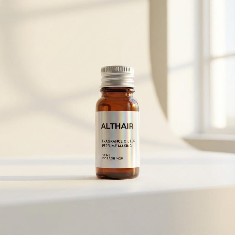 May include: A small amber glass bottle with a silver cap. The label reads "ALTHAIR FRAGRANCE OIL FOR PERFUME MAKING 10 ML DOSAGE %20". The bottle is sitting on a white surface.