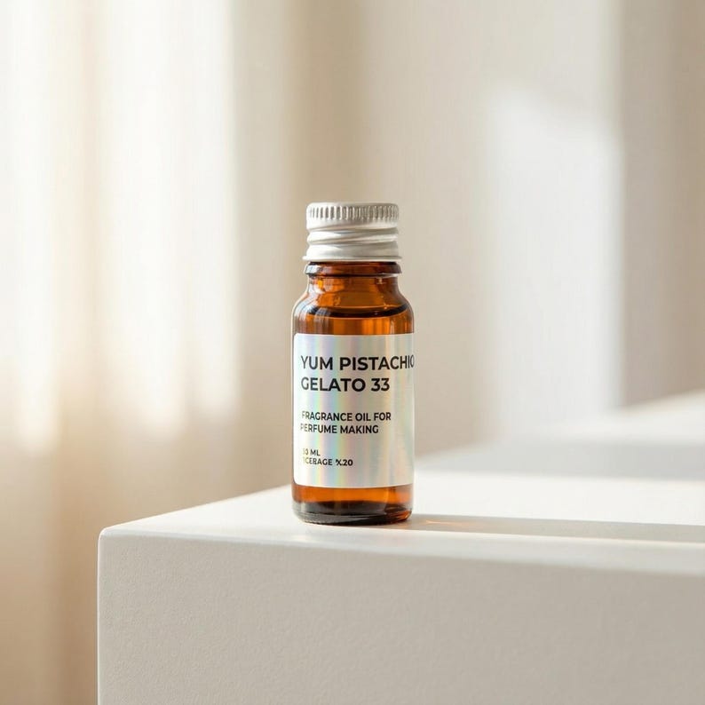 May include: A small, brown glass bottle with a silver cap, labeled "Yum Pistachio Gelato 33." The label also reads "Fragrance Oil for Perfume Making" and lists the volume as 10 ml. The bottle is positioned on a white surface.