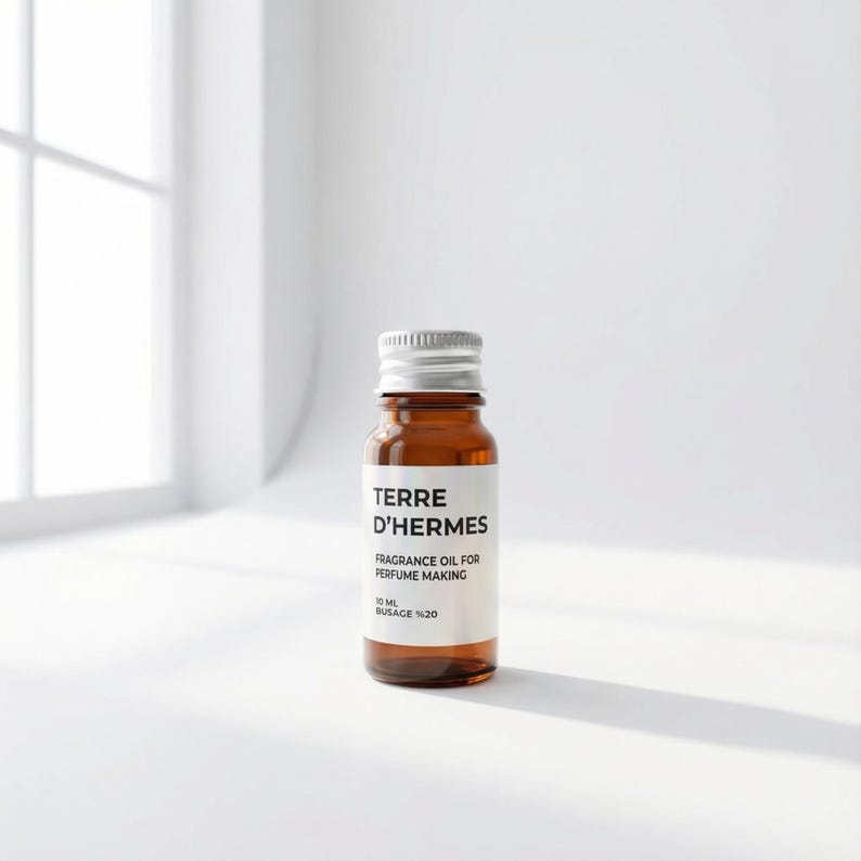 May include: A small brown glass bottle with a silver cap, labeled "TERRE D'HERMES FRAGRANCE OIL FOR PERFUME MAKING." The label also indicates a 10 ml volume. The bottle is set against a white background with soft lighting.