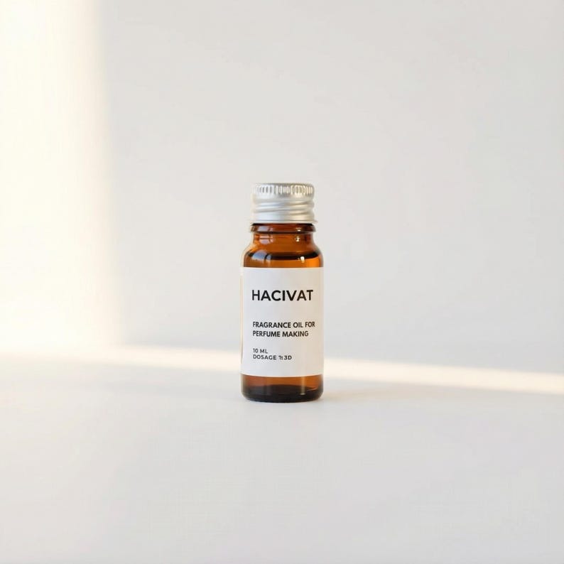 May include: A small amber glass bottle with a silver cap. The label reads "HACIVAT" and "FRAGRANCE OIL FOR PERFUME MAKING". The bottle contains 10 ml of oil with a dosage of 3:30. The bottle is centered on a white background.