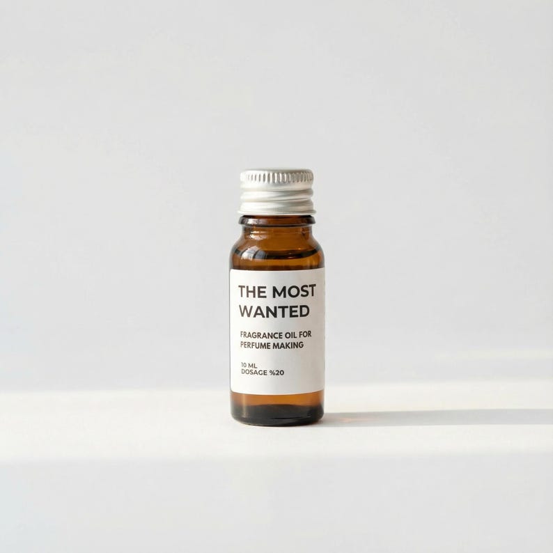 May include: A small amber glass bottle with a silver cap. The bottle has a white label with the text "THE MOST WANTED" and "FRAGRANCE OIL FOR PERFUME MAKING". The bottle contains 10 ml of fragrance oil with a dosage of 20%.