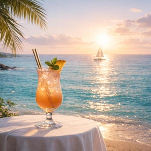 May include: A tropical cocktail in a tall glass with ice, a pineapple wedge, and mint garnish, sits on a white tablecloth. The ocean and a sailboat are in the background, with a sunset sky.