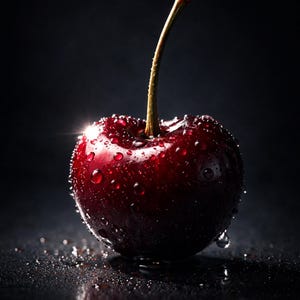 Könnte beinhalten: Nahaufnahme einer einzelnen, reifen Kirsche. Die Kirsche ist tiefrot, mit Wassertropfen bedeckt und hat einen hellbraunen Stiel. Der dunkle Hintergrund hebt die glänzende Frucht hervor.