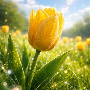Könnte beinhalten: Nahaufnahme einer gelben Tulpe mit Wassertropfen auf den Blütenblättern, vor dem Hintergrund von grünem Gras und blauem Himmel. Das Bild fängt einen sonnigen Frühlingstag ein, mit anderen Tulpen im Hintergrund.