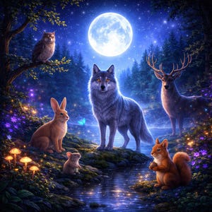Fantasy Wald Tiere Sticker – Magischer Mond See, Wolf & Waldtiere, Ästhetischer 4x4 Sticker für Laptop und Journal
