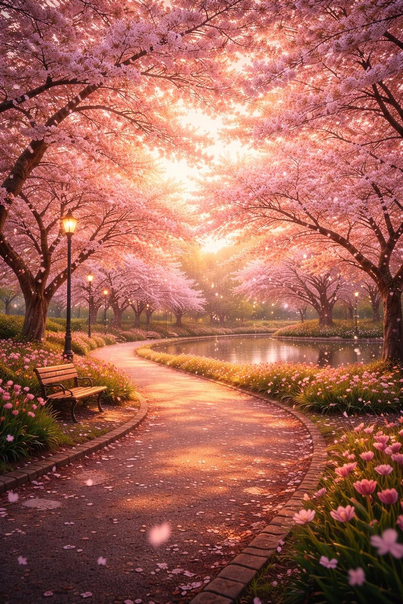 Cherry Blossom Poster – Park Sunset – Pink Landscape Wall Art – Digital ...