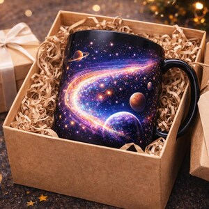 May include: Black ceramic mug with a galaxy design, featuring planets and stars. The mug is presented in a kraft paper gift box with shredded paper, alongside wrapped gifts and cookies. A perfect gift for space enthusiasts.