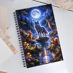 May include: A spiral-bound notebook featuring a vibrant illustration of a wolf, a deer, a rabbit, a squirrel, and a mouse gathered by a stream under a full moon. The scene includes glowing mushrooms, purple flowers, and a dense forest background.