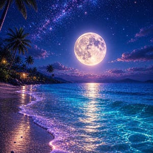 Fantasy Moonlight Beach Wall Art, Dreamy Ocean Night Reflection Print (Digital Download)