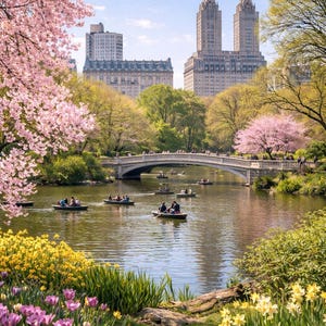 Op de afbeelding: Een schilderachtig park met een meer, boten en een brug. Roze kersenbloesems en gele bloemen omlijsten het water. Hoge gebouwen zijn zichtbaar op de achtergrond onder een heldere blauwe lucht. Mensen genieten van de dag in roeiboten.