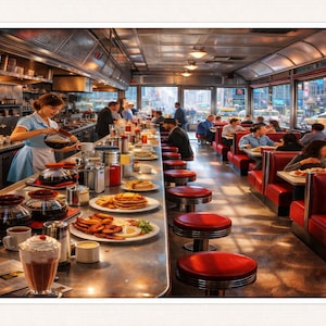 May include: A classic American diner scene with a waitress pouring coffee. The diner features red vinyl booths, chrome accents, and a long counter with stools. Plates of food and coffee pots are visible.