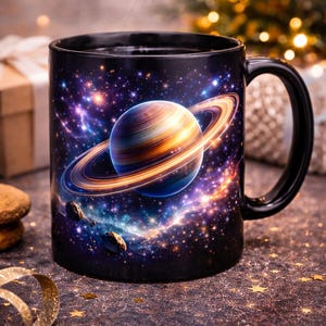 May include: Black ceramic mug with a colourful depiction of Saturn and its rings against a starry galaxy. The mug has a black handle and a glossy finish. Ideal for hot drinks, this mug makes a great gift. The design is space-themed.