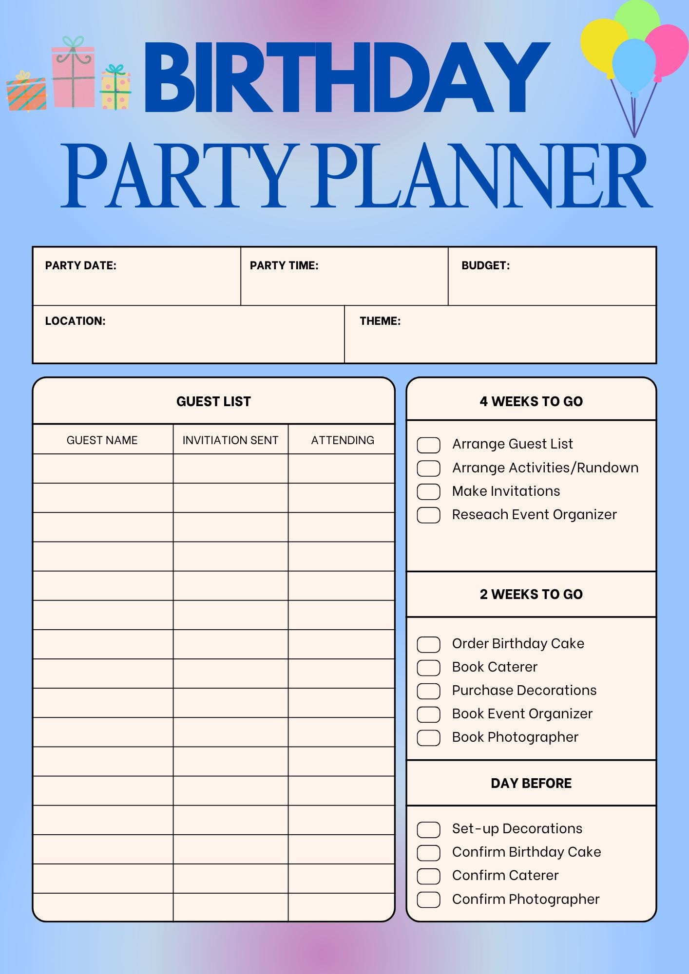 Kids Birthday Party Planner Printable | Birthday Party Organizer PDF ...