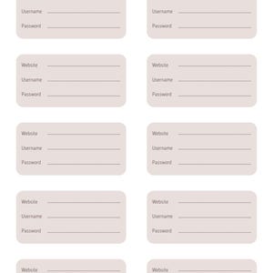 Könnte beinhalten: Ein Passwort-Tracker-Blatt mit dem Titel "PASSWORD TRACKER" oben. Das Blatt hat Felder zur Aufzeichnung von Website-, Benutzernamen- und Passwortinformationen. Das Design ist einfach mit einem hellbeigen Hintergrund und weißem Text.