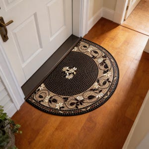 Op de afbeelding: Een halve cirkel deurmat met een mozaïek ontwerp. De mat heeft een donkerbruine achtergrond met een cirkelvormig patroon van kleine tegels. Beige en zwarte bloemen- en bladpatronen zijn rond de randen en in het midden gerangschikt. De mat ligt voor een witte deur.