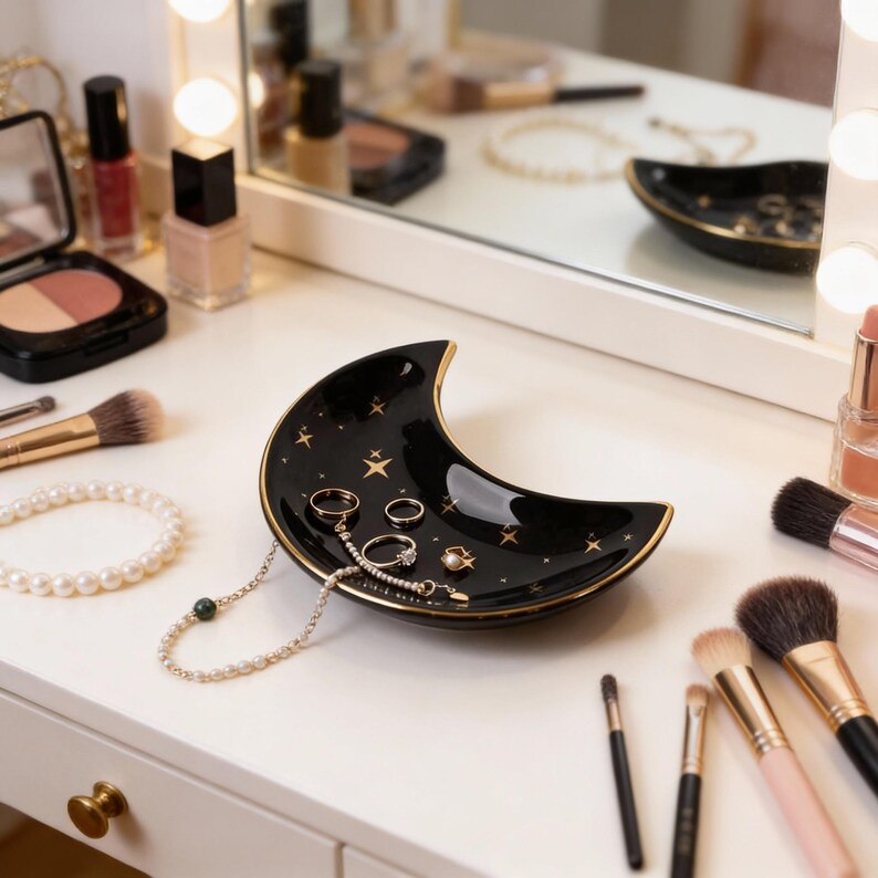 K&ouml;nnte beinhalten: Eine schwarze, mondf&ouml;rmige Schmuckschale aus Keramik mit goldenen Verzierungen und Sternen. Die Schale enth&auml;lt Ringe, Halsketten und anderen Schmuck. Make-up-Pinsel, Kompaktpuder und andere Sch&ouml;nheitsprodukte umgeben die Schale auf einer wei&szlig;en Oberfl&auml;che.