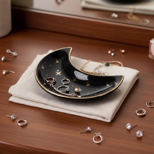 May include: A black crescent moon-shaped jewelry dish with gold trim and star accents. The dish sits on a folded beige cloth and holds rings, a bracelet, and a necklace. Various earrings and rings are scattered around the dish on a wooden surface.