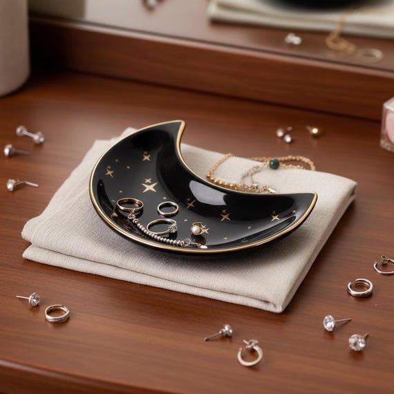 Moon Shaped Ceramic Jewelry Dish, Crescent Ring and Earring Tray
