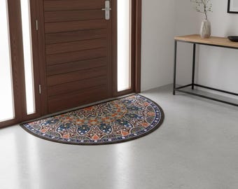 Boho Mandala Half Round Rug, Non-Slip Entryway Door Mat