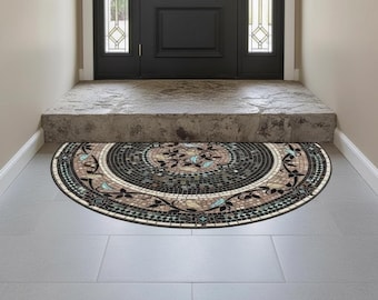Semi-Circular Mosaic Non-Slip Door Mat, Vintage Floral Entry Rug, Outdoor Patio Half Moon Doormat