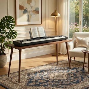 May include: A black digital piano with white and black keys is on a dark brown wooden table. Sheet music is on a music stand. The room features a large window, a gold lamp, and a patterned rug.