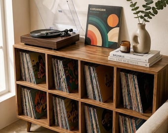 Soporte para tocadiscos de mediados de siglo, mueble para guardar vinilos, soporte para tocadiscos, consola multimedia moderna, organizador de vinilos retro, unidad de almacenamiento de LP.