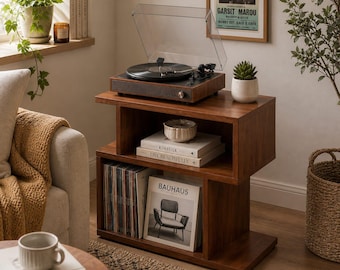 Modern Turntable Stand & Vinyl Record Storage Cabinet | Mid Century LP Shelf for Music Studio | Wooden Record Player Stand
