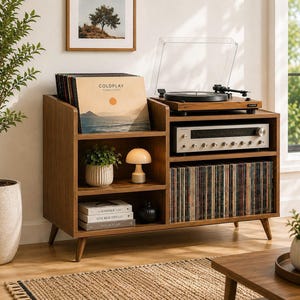 May include: A mid-century modern style record player console in a warm wood finish. The console features a turntable, stereo receiver, and storage for vinyl records. Decorative items include a small lamp, potted plant, and books. A framed picture hangs on the wall above.
