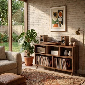 May include: A living room with a wooden record player console, speakers, and a framed abstract art print. A large potted plant and a patterned rug add to the room's decor. The room is filled with natural light, with a view of the garden.