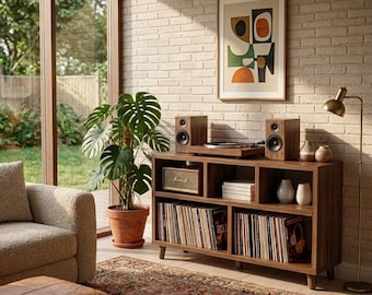 Mid Century Modern Record Player Stand Vinyl Storage MDF Turntable Console LP Organizer Retro Media Cabinet Home Decor