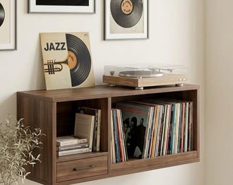 Mid Century Modern Wall Shelf Record Player Stand, Vinyl Storage Unit, Floating Console, Minimalist Wooden Cabinet, Turntable Stand