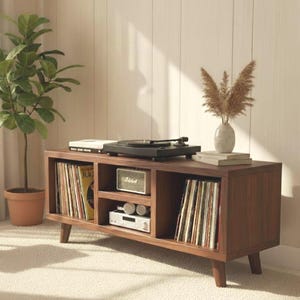 Stojak na gramofon z połowy XX wieku | Szafka na płyty winylowe | Stolik na gramofon w stylu retro | Drewniana konsola multimedialna | Prezent dla miłośnika muzyki