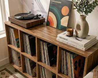 Soporte para tocadiscos de mediados de siglo, mueble para guardar vinilos, soporte para tocadiscos, consola multimedia moderna, organizador de vinilos retro, unidad de almacenamiento de LP.
