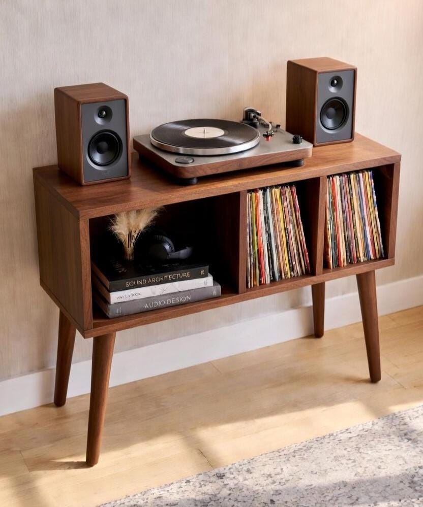 Mid Century Walnut Record Player Stand 31.5 Vinyl Storage Cabinet Retro ...