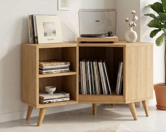 Mid Century Corner Record Player Stand 60x90 cm Vinyl Storage Cabinet Modern Turntable Stand LP Storage Unit Small Space Furniture Stylish