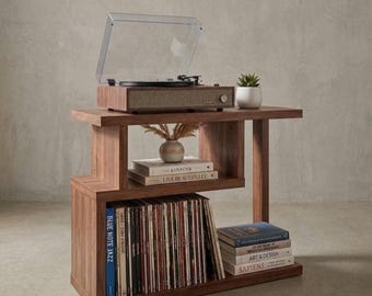 Modern Turntable Stand & Vinyl Record Storage Cabinet | Mid Century LP Shelf for Music Studio | Wooden Record Player Stand