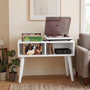 Soporte para tocadiscos de mediados de siglo con almacenamiento de vinilos, mesa para tocadiscos, gabinete para guardar discos LP, organizador de vinilos, mueble para música