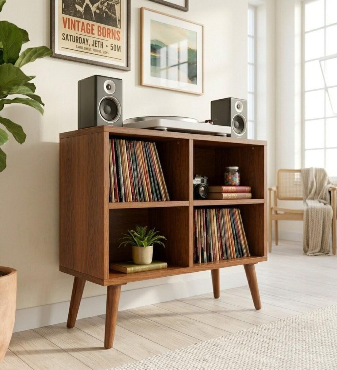 Mid Century Walnut Record Player Stand 31.5 Vinyl Storage Cabinet Retro ...