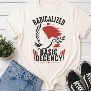 Radikaliserad av grundläggande anständighet komfortfärger skjorta, liberal feministisk mänskliga rättigheter t-shirt, anti-hat social rättvisa politisk protest skjorta
