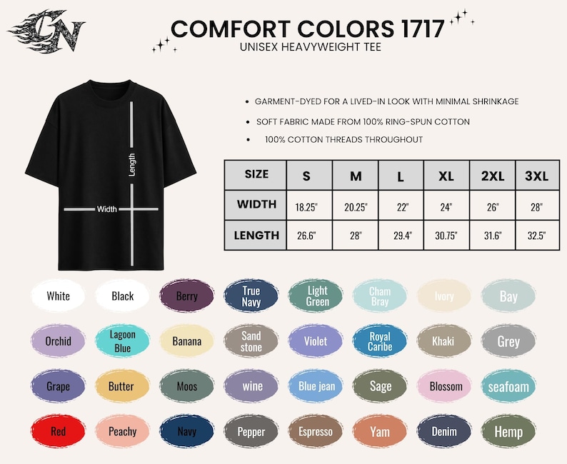 May include: Black Comfort Colors 1717 unisex heavyweight tee. The image shows a black t-shirt with size and color options. The shirt's width ranges from 18.25 to 28 inches, and the length ranges from 26.6 to 32.5 inches. Color options include white, black, berry, and more.